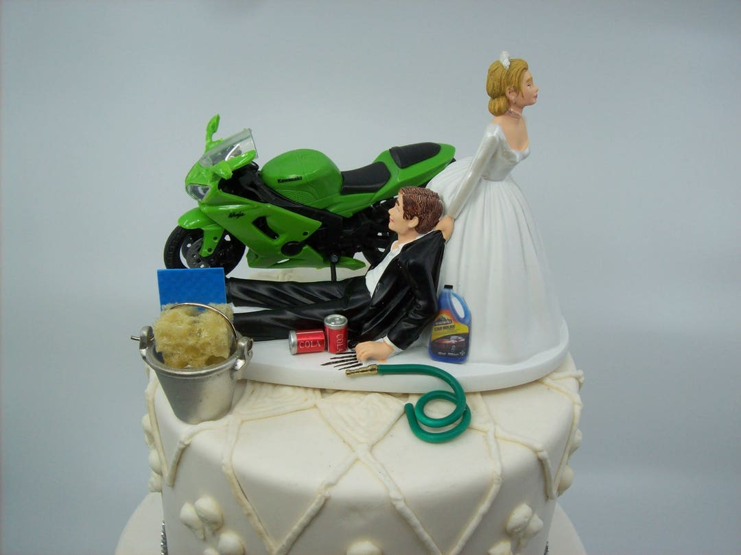 Motorcycle Dirt Bike Wedding Cake Topper Bride and Groom Green Kawasaki ...