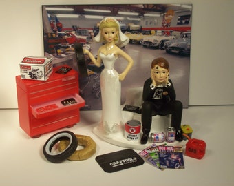 Got the tire! AUTO MECHANIC Bride and Groom Funny Wedding Cake Topper Groom's Cake GARAGE