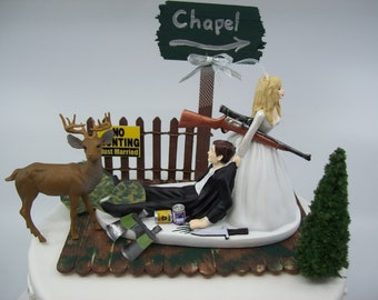 NO HUNTING DEER w / Chapel Sign Bride and Groom Wedding Cake Topper Funny The Hunt is Over