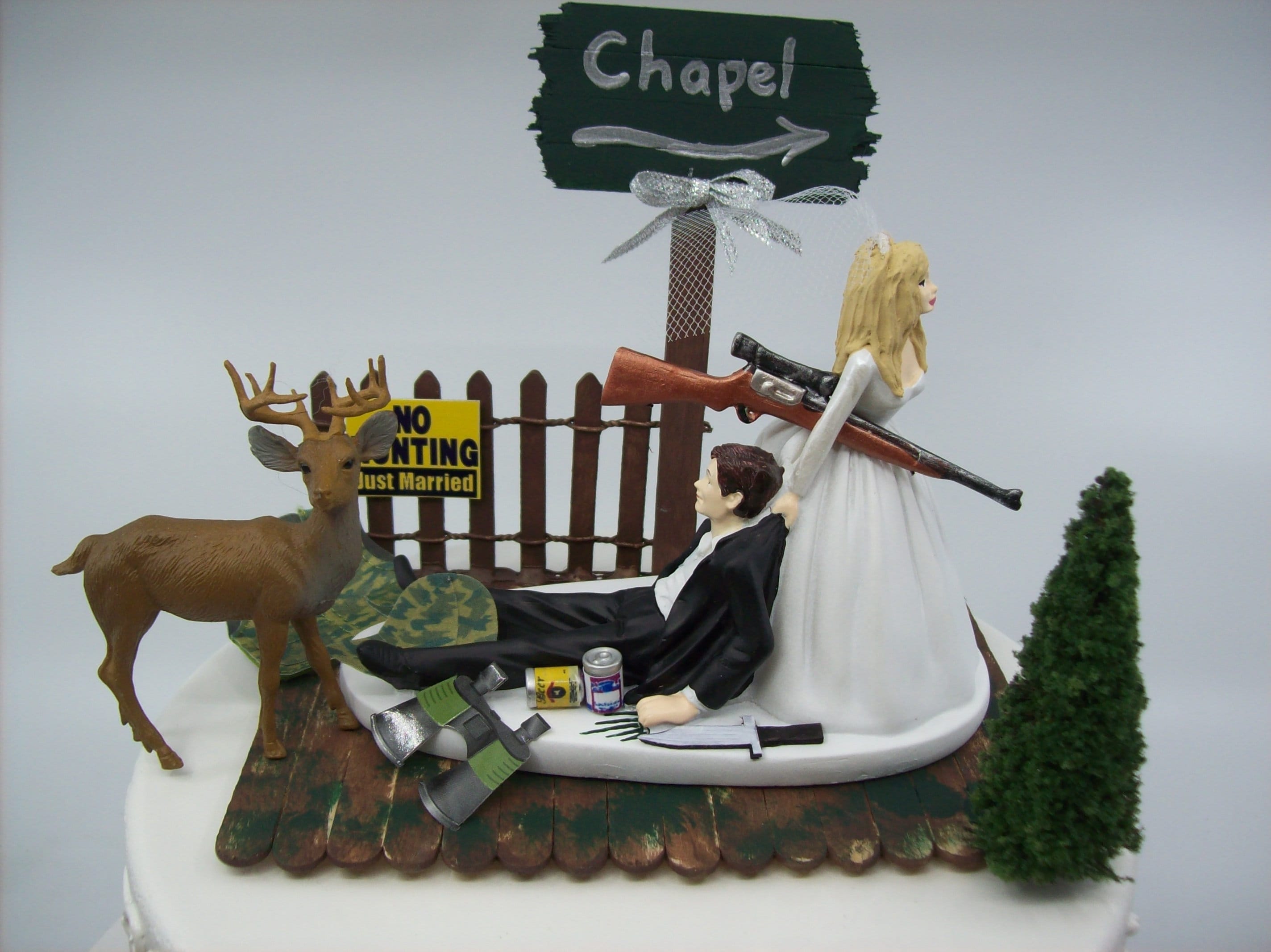 NO HUNTING DEER W / Chapel Sign Bride and Groom Wedding Cake Topper Funny  the Hunt is Over 