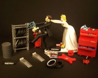 Funny Wedding Cake Topper for Mechanics AUTO MECHANIC TIRES Awesome Groom's Cake Perfect for Humorous Rehearsal Dinner Running