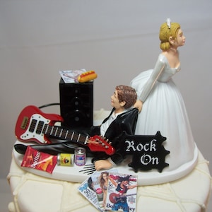 NEW No more ROCKIN Red/White Electric GUITAR Funny Wedding Cake Topper Rockstar Rocker Bride and Groom Rock n Roll Groom with Amp.