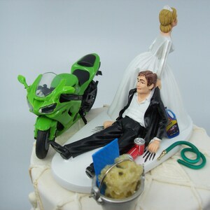 Motorcycle Dirt Bike Wedding Cake Topper Bride and Groom Green Kawasaki ...