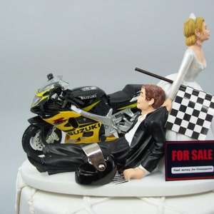 Motorcycle SUZUKI gsx r (or pick your Bike) Racing Street Bike Bride and Groom Funny Wedding Cake Topper Helmet
