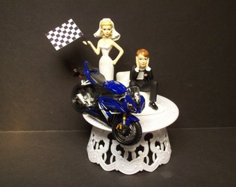 Motorcycle YAMAHA R6 Die Cast Blue Bike Flag Bride and Groom Wedding Cake Topper Funny Grooms Cake