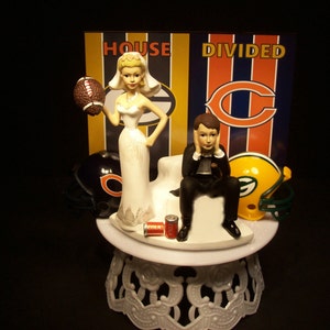 HOUSE DIVIDED with Helmets: Bears vs. Packers Football Team RIVALRY Bride and Groom Wedding Cake Topper