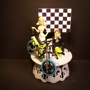 Motorcycle Dirt Bike Bride and Groom W/Die-Cast MXS Sea Creature Motocross Bike and Helmet Funny Bike Wedding Cake Topper image 1