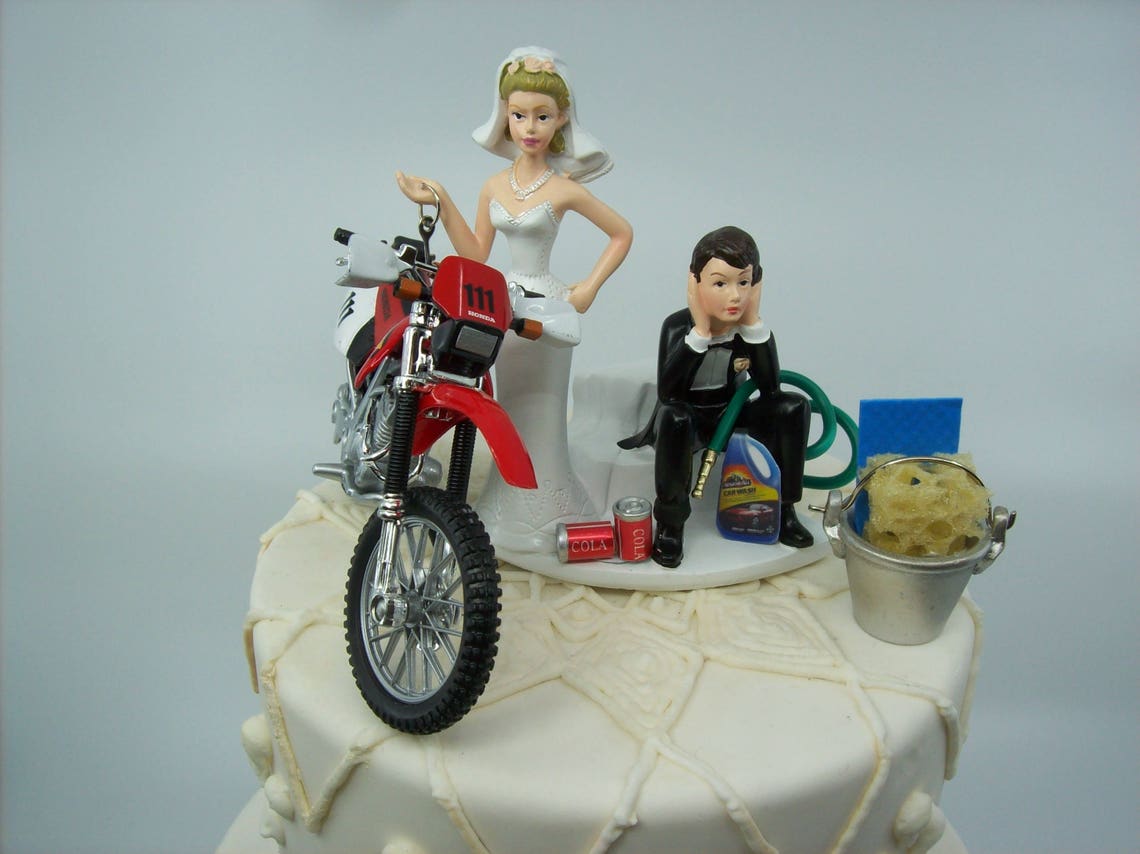 Motorcycle Dirt Bike Wedding Cake Topper Bride and Groom Funny Mechanic ...