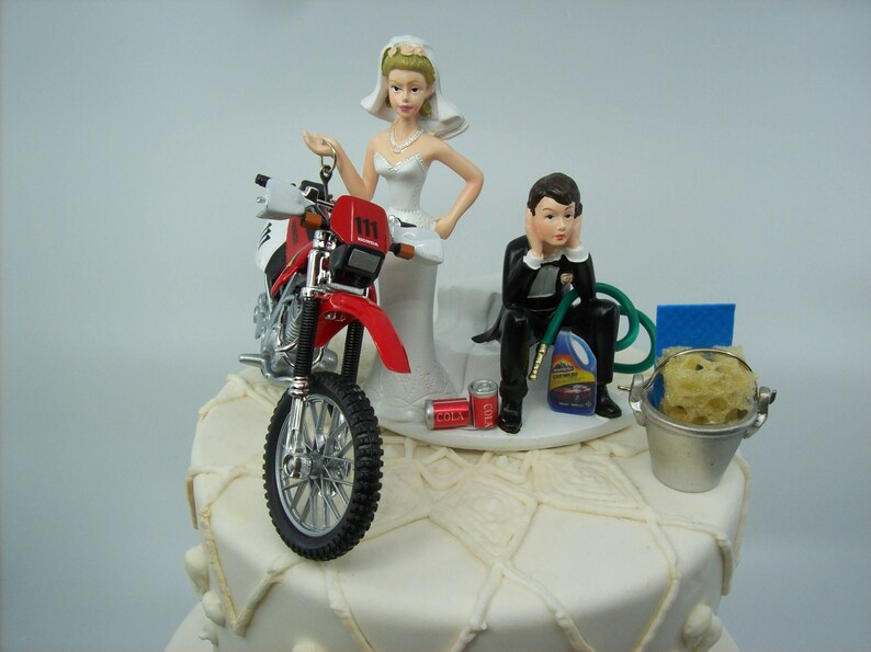 Motorcycle Dirt Bike Wedding Cake Topper Bride and Groom Funny Mechanic ...