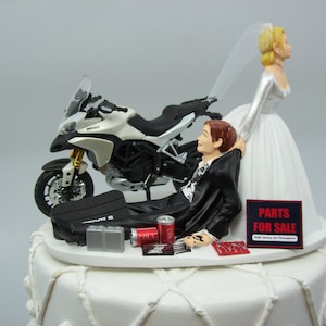 Motorcycle DUCATI Multistrada (or pick your Bike) Bike Auto Mechanic Bride and Groom Funny Wedding Cake Topper