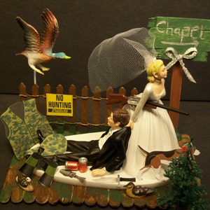 NO HUNTING DUCK with Chapel Sign Bride and Groom Wedding Cake Topper Funny The Hunt is Over