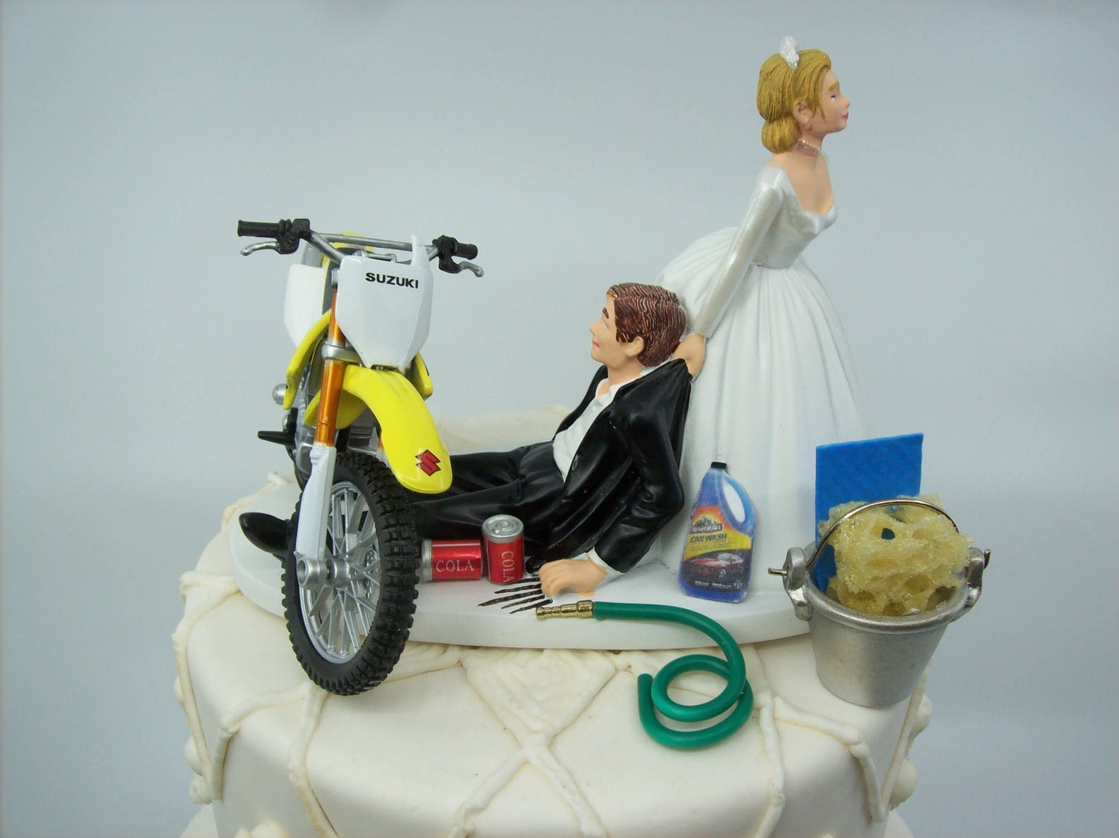 Motorcycle Dirt Bike Wedding Cake Topper Bride and Groom Yellow Suzuki ...