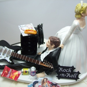 Chega de ROCKIN GUITARRA elétrica branca/preta, enfeite de bolo de casamento engraçado, noiva e noivo roqueiros Rock n Roll com amplificador.