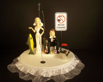 ICE FISHING Funny Wedding Cake Topper Bride and Groom Fish on 6" Lace Base