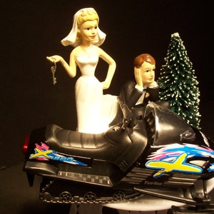 Got the Key SNOWMOBILE Bride and Groom w/ Die-Cast BLACK Arctic Sled Wedding Cake TOPPER and Snowy Tree Groom's Cake image 5