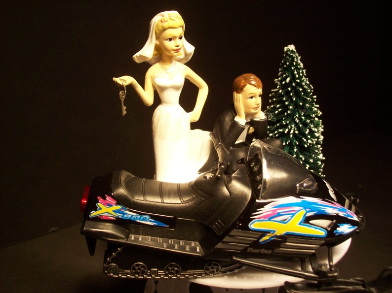Got the Key SNOWMOBILE Bride and Groom w/ Die-Cast BLACK Arctic Sled Wedding Cake TOPPER and Snowy Tree Groom's Cake image 5