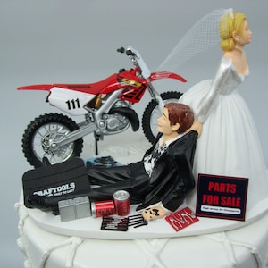 Motorcycle HONDA 250 (or pick your Bike) Dirt Bike Auto Mechanic Bride and Groom Funny Wedding Cake Topper