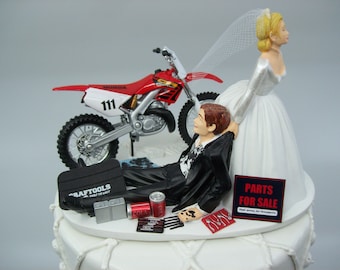 Motorcycle HONDA 250 (or pick your Bike) Dirt Bike Auto Mechanic Bride and Groom Funny Wedding Cake Topper
