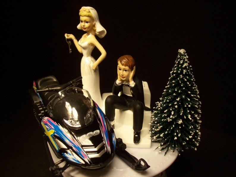 Got the Key SNOWMOBILE Bride and Groom w/ Die-Cast BLACK Arctic Sled Wedding Cake TOPPER and Snowy Tree Groom's Cake image 3