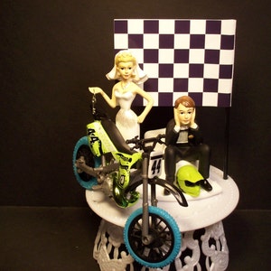 Motorcycle Dirt Bike Bride and Groom W/Die-Cast MXS Sea Creature Motocross Bike and Helmet Funny Bike Wedding Cake Topper image 3