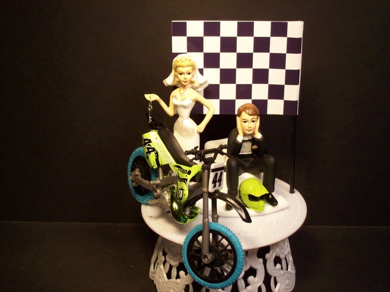 Motorcycle Dirt Bike Bride and Groom W/Die-Cast MXS Sea Creature Motocross Bike and Helmet Funny Bike Wedding Cake Topper image 3