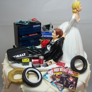 Funny Wedding Cake Topper for Mechanics Auto MECHANIC Custom Blue Tools Awesome Groom&#39;s Cake Perfect Humorous Rehearsal Dinner Brown