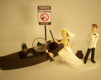 No FISHING Running Bride - Funny Wedding Cake Topper w/ Boat Bride and Groom Angler Best Catch Fisherman Limited Item