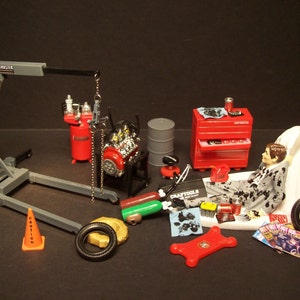 AUTO MECHANIC Tool Set w/ v8 Engine Hoist & Stand Wedding Cake Topper Funny Grooms Cake Bride and Groom