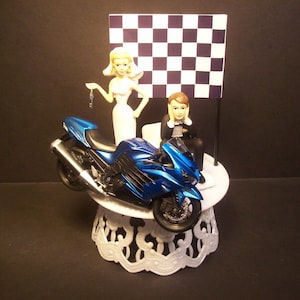 Motorcycle Ninja ZX-14R Blue Street Bike Bride and Groom Funny Wedding Cake Topper