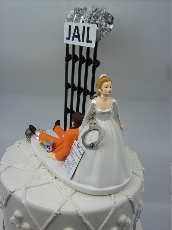 Funny Bride & Groom Cake Topper - Whimsical 'Ball & Chain' Couple For Wedding Cakes