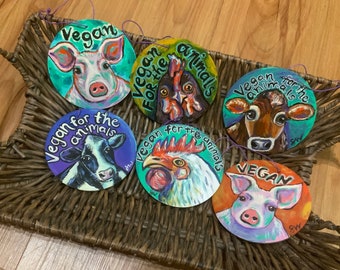 Vegan for the Animals Ornament - Hand-painted on wood