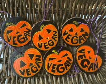 VEGAN Halloween Ornament - Hand-painted wood slice