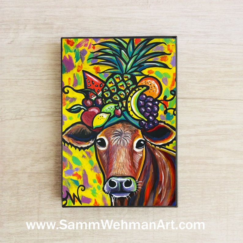 Framed Art Print Cow in a Fruit Hat image 1