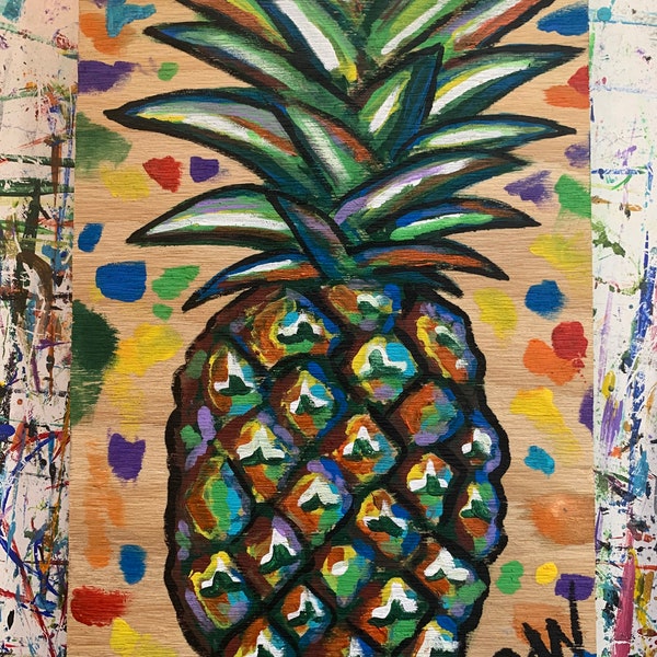 Whimsical pineapple original painting on reclaimed wood - Made to Order!