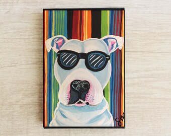 Framed Art Print - White Pitbull with Sunglasses