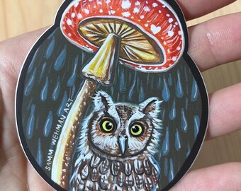 Owl under a mushroom vinyl sticker