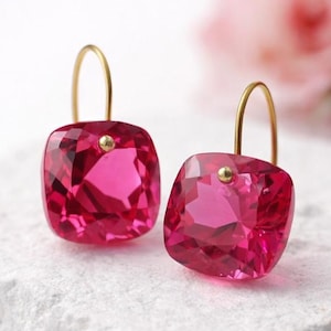 14k Solid Gold Polished Pink Ruby Ear wire Gemstone Earrings, Elegant Minimal Jewelry Gift