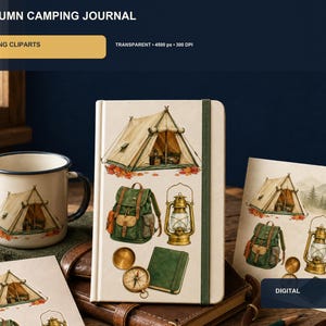 Peut inclure: Une collection de graphiques numériques intitulée Autumn Camping Journal comprenant 20 cliparts PNG. Les images incluent une tente beige, un sac à dos vert, une lanterne dorée, une boussole et un carnet vert, présentés sur une tasse, un journal et des cartes.
