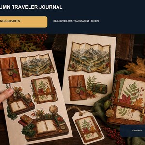 Peut inclure: Une collection numérique intitulée AUTUMN TRAVELER JOURNAL comprenant 20 cliparts PNG. Les images présentent des journaux en cuir, des cartes pliées de paysages montagneux, des livres ouverts et des illustrations botaniques de fougères et de feuilles d'automne.