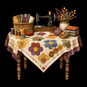 Peut inclure: Une table en bois recouverte d'une courtepointe à motif hexagonal floral. Sur la table se trouvent une machine à coudre noire, un panier en osier rempli de rouleaux de tissu, un vase en céramique avec des feuilles séchées, des bobines et un pelote.