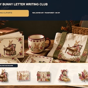 Peut inclure: Une collection numérique intitulée COZY BUNNY LETTER WRITING CLUB comprenant 20 cliparts PNG. L'ensemble inclut des illustrations de lapin écrivant à un bureau, des motifs floraux et des feuilles d'automne sur papeterie, mug et sac.