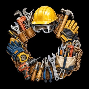 Peut inclure: Une disposition circulaire d'outils de construction comprenant un casque jaune, des lunettes de sécurité, un marteau, une perceuse sans fil, diverses clés, pinces, tournevis, un mètre ruban, des gants et une ceinture porte-outils sur fond noir.