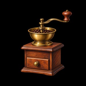 May include: A manual coffee grinder featuring a square wooden base with a small pull-out drawer and a brass hopper filled with dark roasted coffee beans. A curved brass handle with a rounded wooden knob sits atop the metal grinding mechanism.