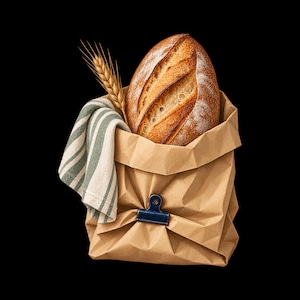 Peut inclure: Une miche de pain au levain à la croûte dorée est placée dans un sac en papier kraft, maintenu par une pince métallique bleu foncé. Une serviette en tissu à rayures vertes et blanches est insérée sur le côté avec un épi de blé.