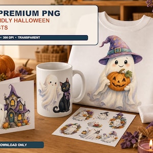 Peut inclure: Une collection numérique de 25 fichiers PNG premium représentant des fantômes d'Halloween amicaux, présentés sur un sweat-shirt blanc, une tasse en céramique, une carte de vœux et une planche d'autocollants avec des citrouilles et un chat.