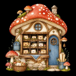 Mushroom Cottage Mailroom Clipart Bundle, 20 Watercolor PNG, Whimsical Forest Letters Fall Graphics, Commercial Use