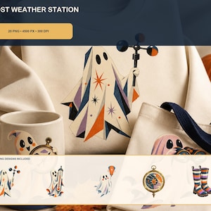 Peut inclure: Un sweat-shirt crème avec un fantôme tenant une girouette, accompagné d'un mug et d'un sac fourre-tout à motifs de fantômes. Le texte GHOST WEATHER STATION et 20 PNG 4500 PX 300 DPI sont visibles. Inclut des illustrations de fantômes, boussole et bottes.