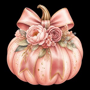 Pink Pumpkin Boutique Clipart Bundle, 12 Watercolor PNG, Girly Bows Florals Fall Graphics, Commercial Use