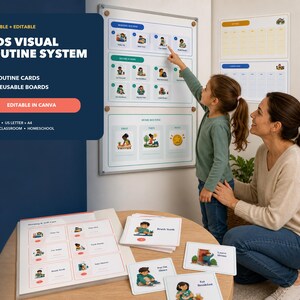 Peut inclure: Un système de routine visuelle pour enfants comprenant 144 cartes de routine et 46 tableaux réutilisables. L'ensemble inclut des fichiers numériques imprimables et modifiables pour la maison, l'école ou l'instruction en famille.
