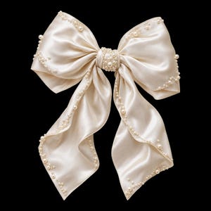 Peut inclure: Un grand nœud en satin de couleur crème avec un nœud central orné de petites perles blanches. Les bords et les surfaces du nœud ainsi que ses deux longs pans fluides sont décorés de perles blanches dispersées de tailles variées.
